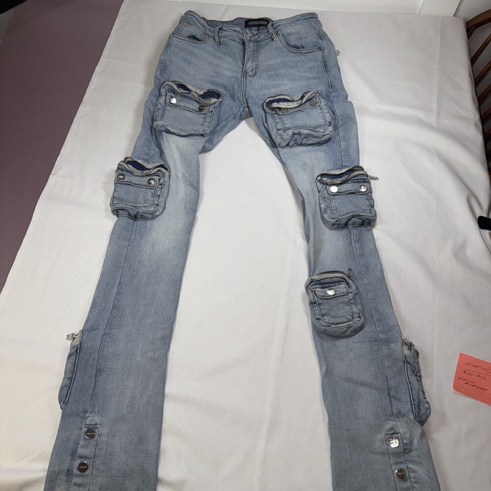Pheelings Journey To Greatness Cargo Flare Stack Denim Jeans Light Blue Men’s 32